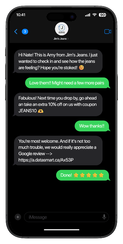Instant, human-like welcome message with review + rewards prompt