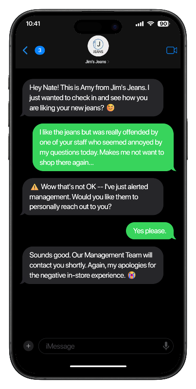 Conversation showing negative sentiment captured and triaged